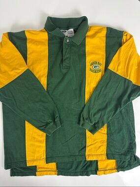 Green Bay Packers 2000s Y2K Green & Gold Striped Rugby Polo - Size XL